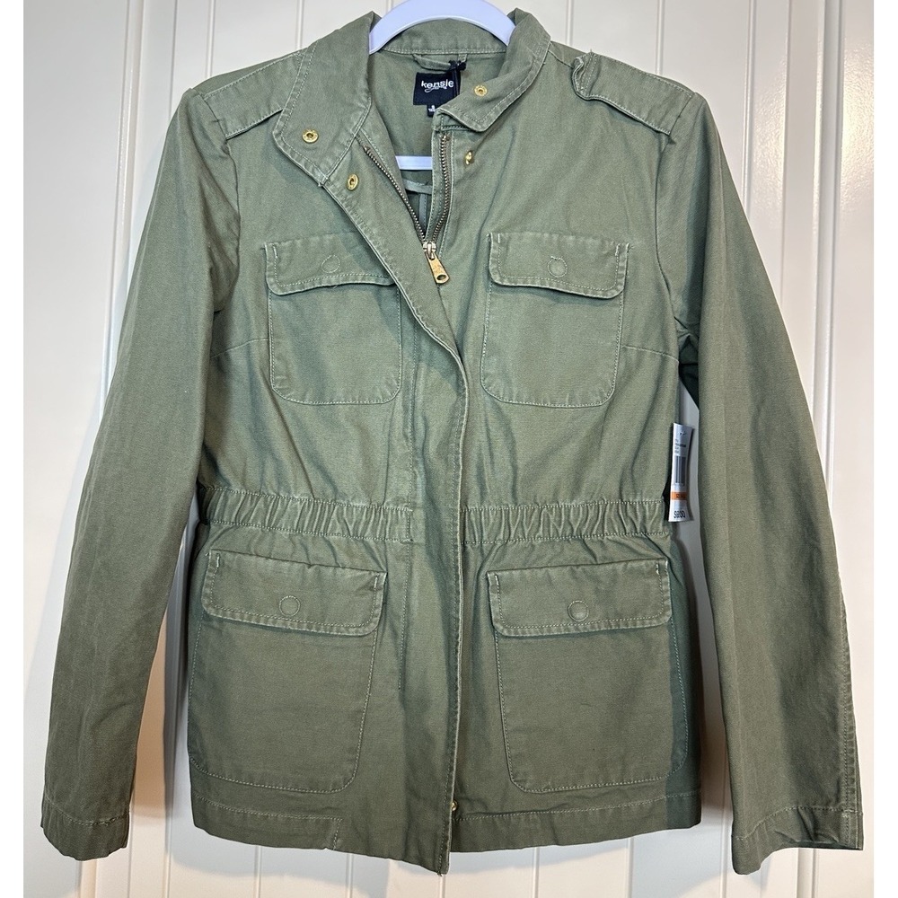 New Kensi Jeans Green Military Utility Cargo Stretch Zip Jacket Womens S cotton